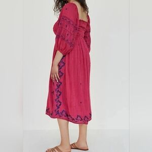 ANTHROPOLOGIE Women's Bonnie Smocked Embroidered Midi Dress, Fuschia, XS
